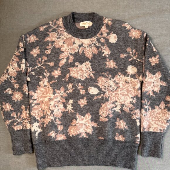 Listicle Gray Skies Floral Sweater, Small, Crew Neck Knit Ribbed Grandmacore - Picture 12 of 13
